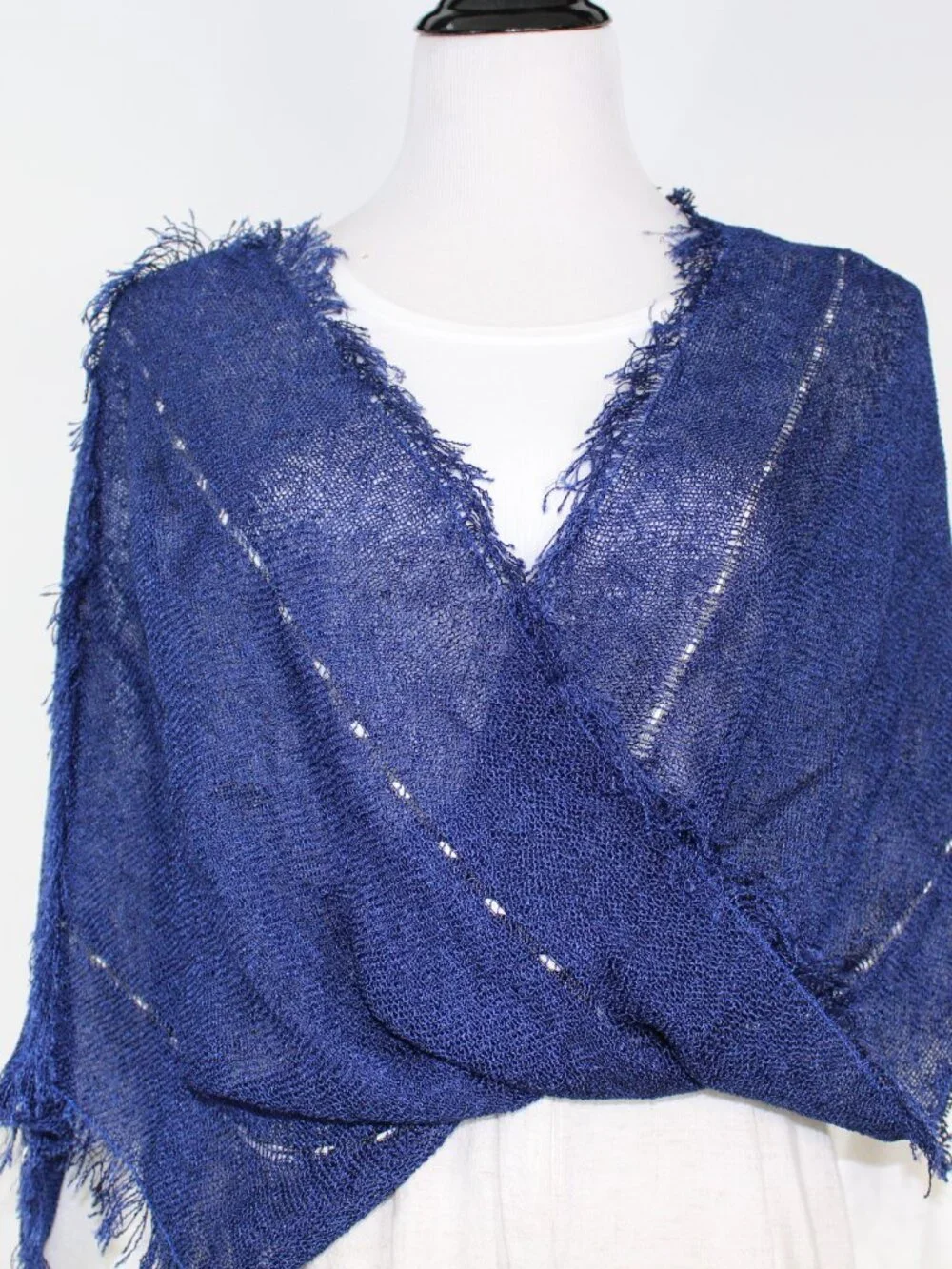 Blue Fringe Knit Wrap Shawl Lightweight Sheer Scarf Boho Wedding - Picture 3 of 12